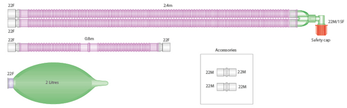 22mm Silver Knight Flextube Beatmungssystem Erwachsene 1.6m mit Beutel 2 L und Zusatzschlauch 0.8m