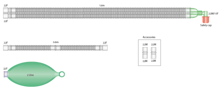 22mm Flextube Beatmungssystem Erwachsene 1.6m mit Beutel 2 L und Zusatzschlauch 0.8m