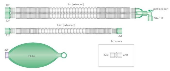 22mm Compact Anästhesie-System 2.0m, komplett mit Beutel 2 Liter und Zusatzschlauch 1.5m